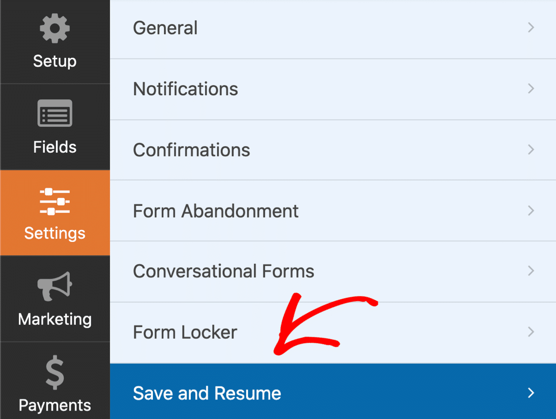 Save and Resume in form settings