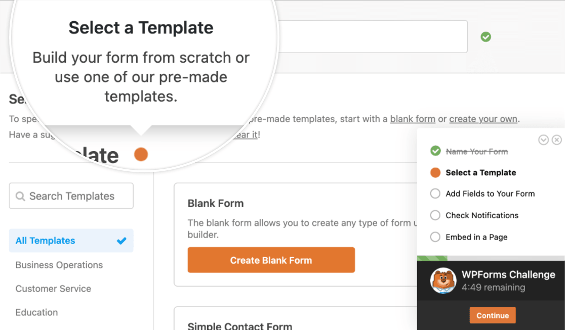 Selecting a template as part of the WPForms Challenge