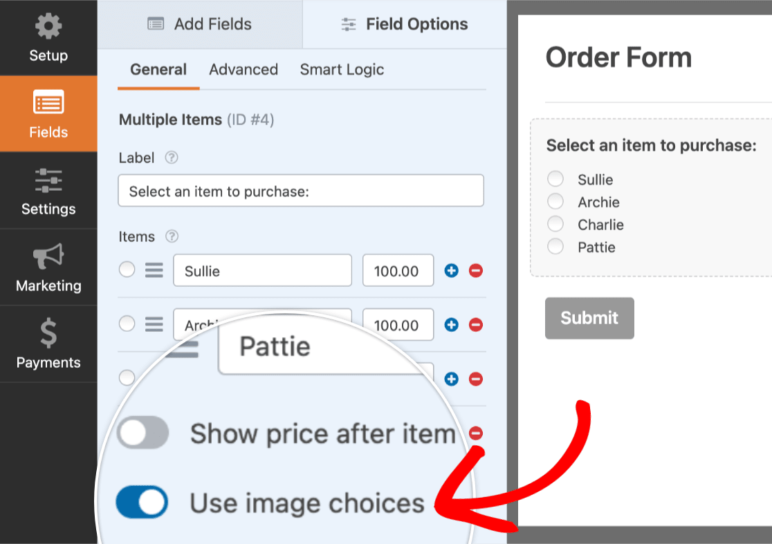 Select use image choices