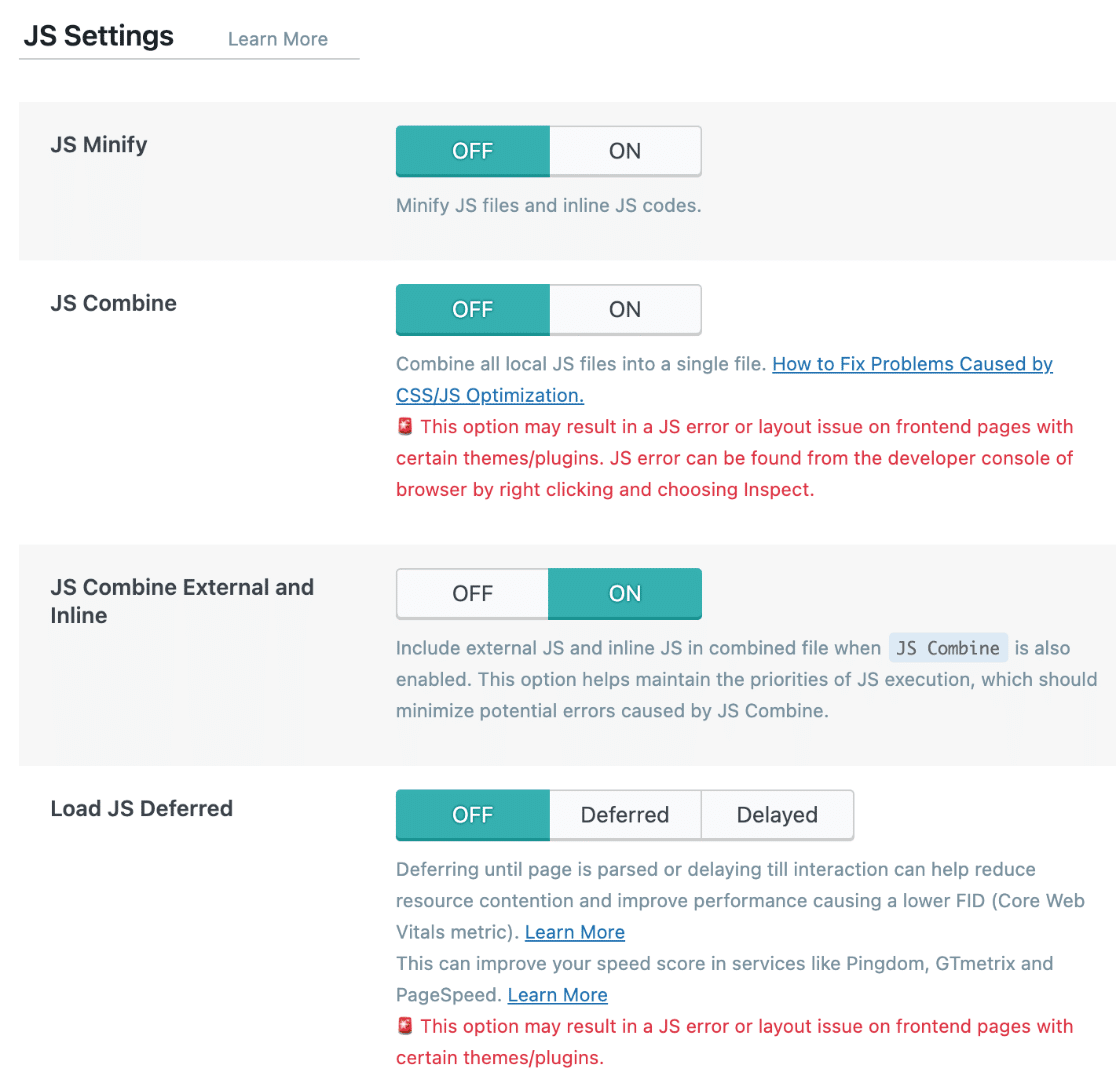 Toggle JS minify options off