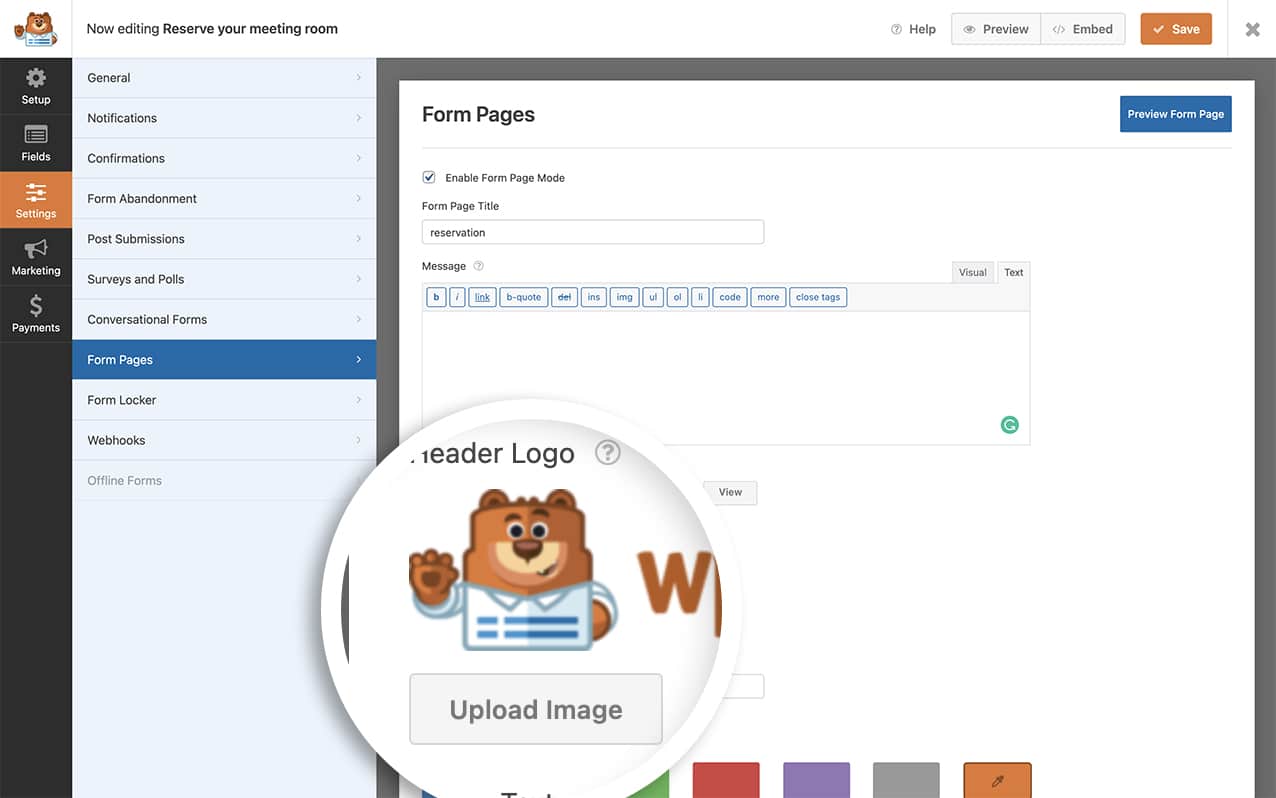 while on the form pages tab, click to upload your logo image