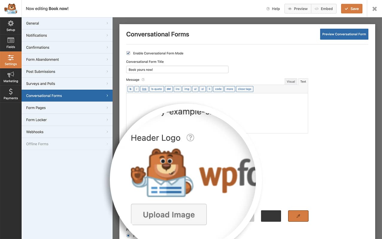 while on the conversational forms tab, click to upload your logo image