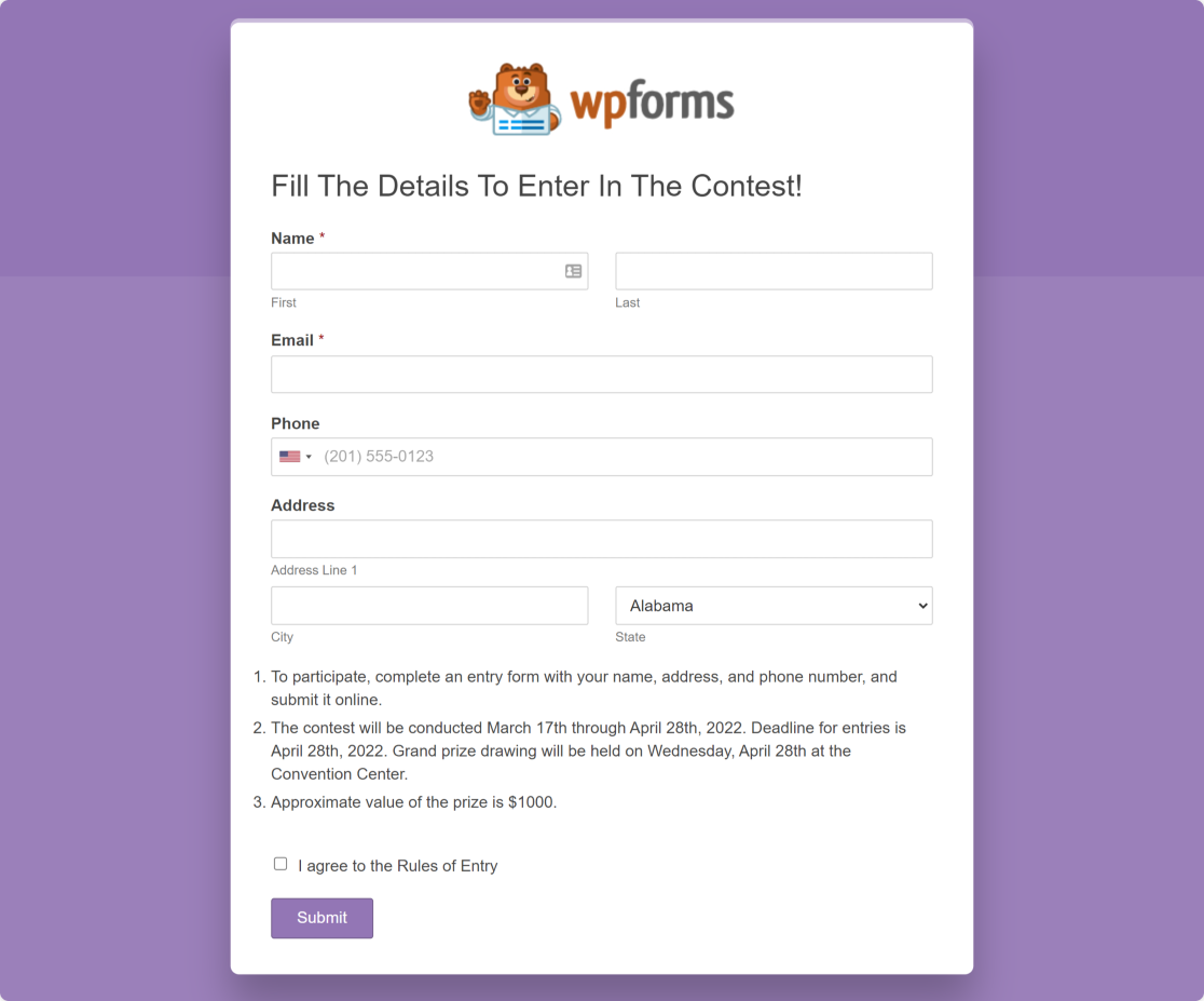 Contest Entry Form Giveaway Landing Page Example