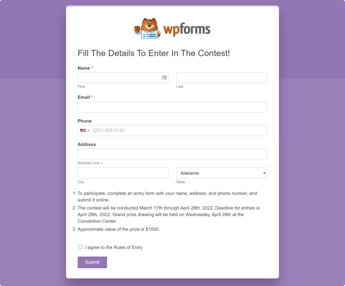 Giveaway Entry Form Template