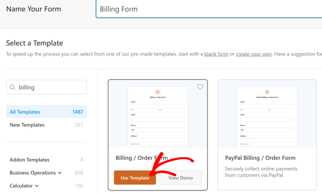 Billing form template