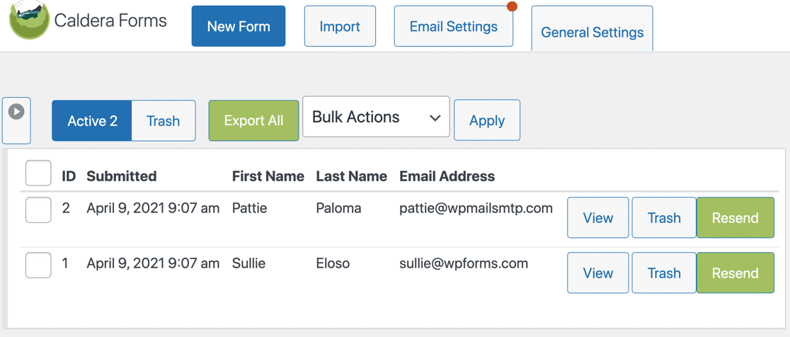 caldera form entries view