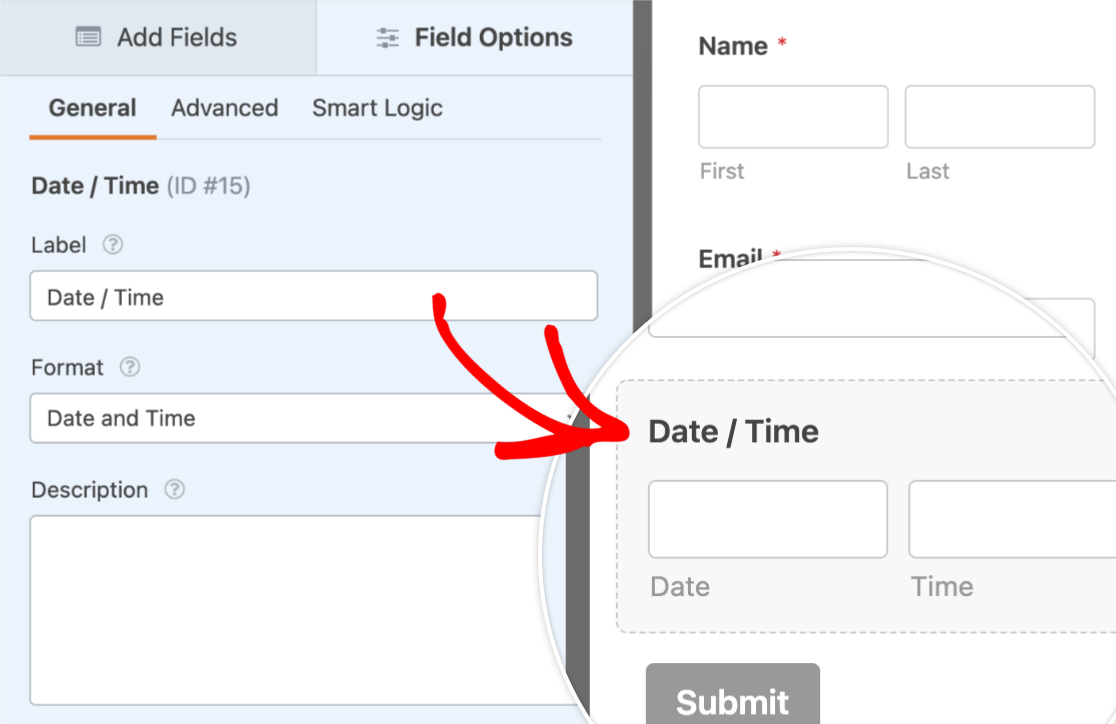 Click date time field for field options