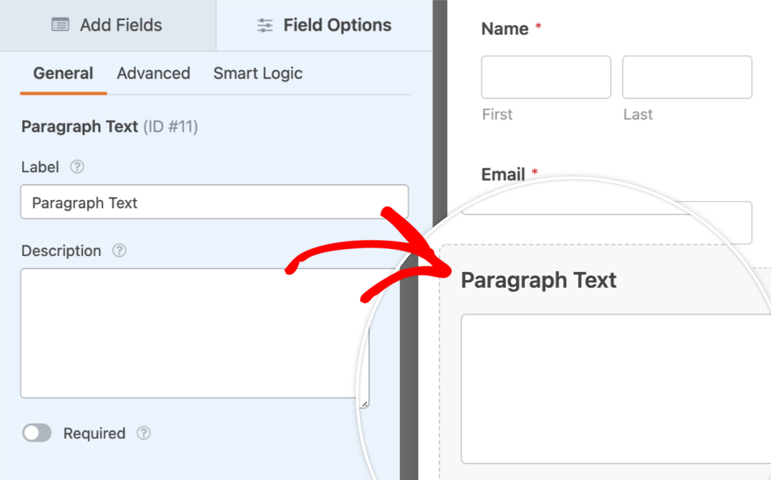 Click paragraph text field for field options