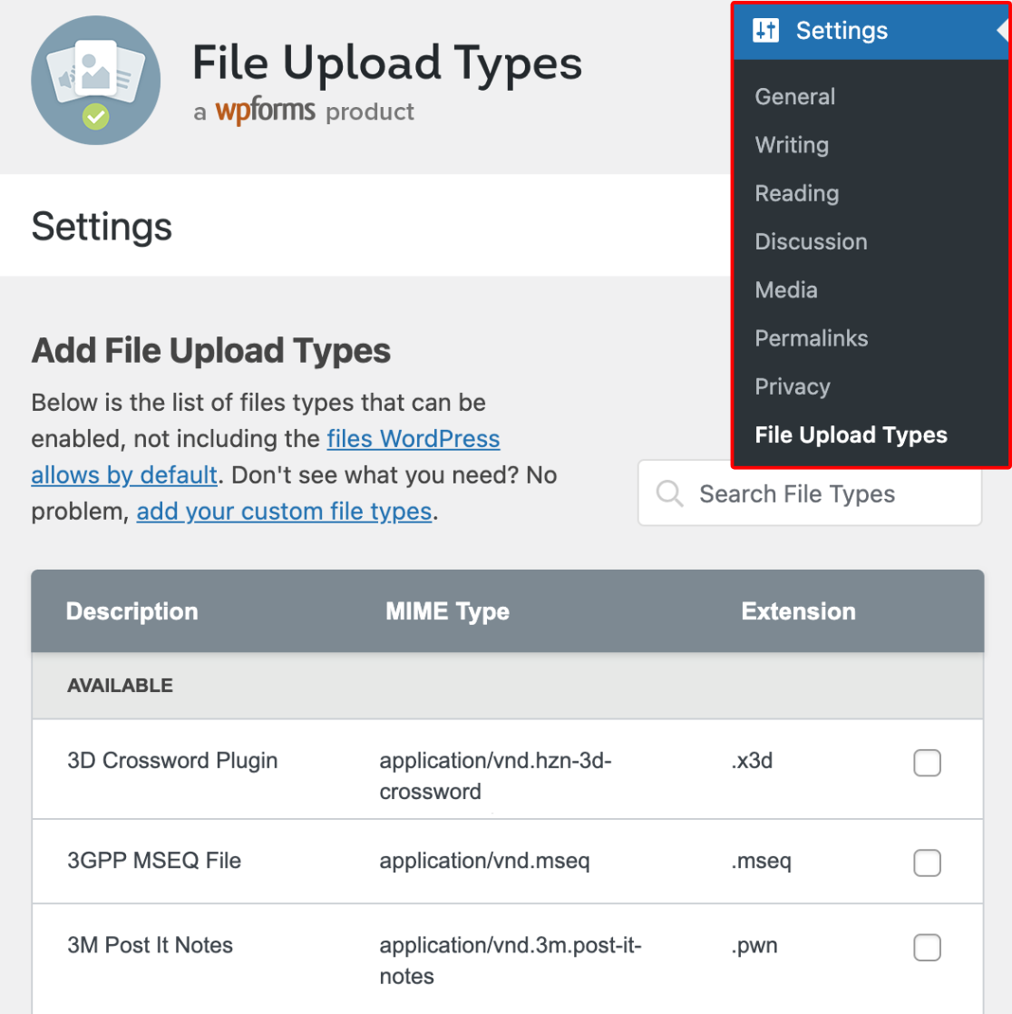 File upload types page