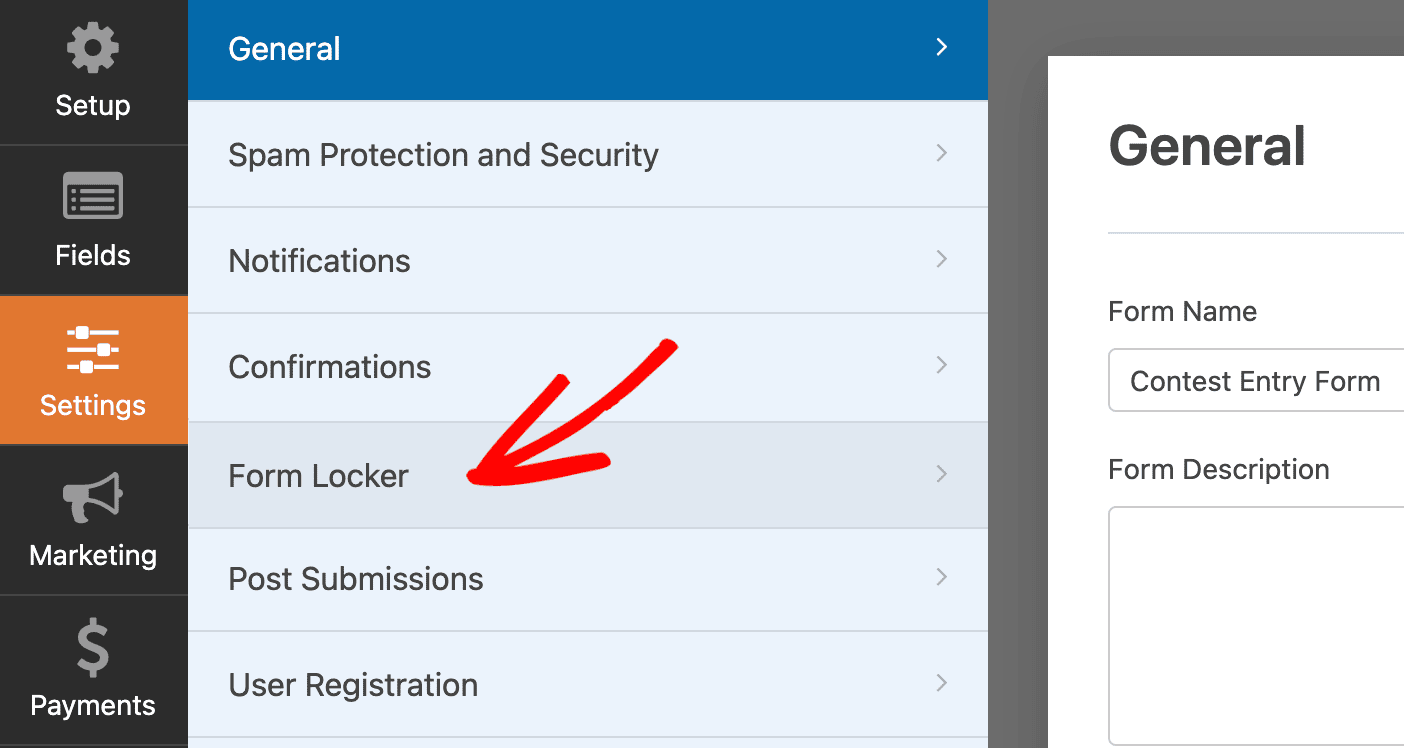 Opening the Form Locker settings in the form builder