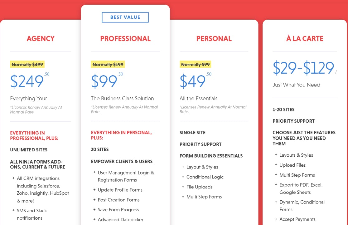 The Ninja Forms pricing page