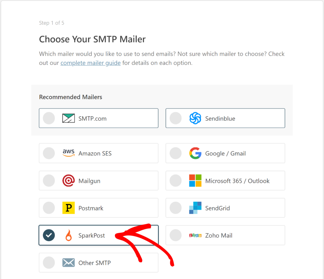 select sparkpost as wp mail smtp mailer