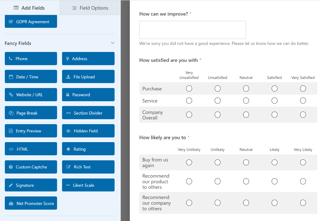 A survey form in WPForms