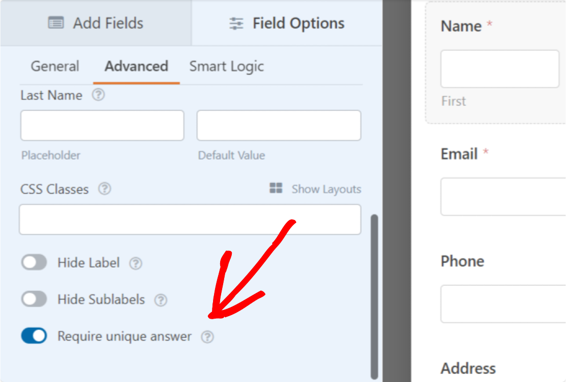 unique answer feature to limit form entries