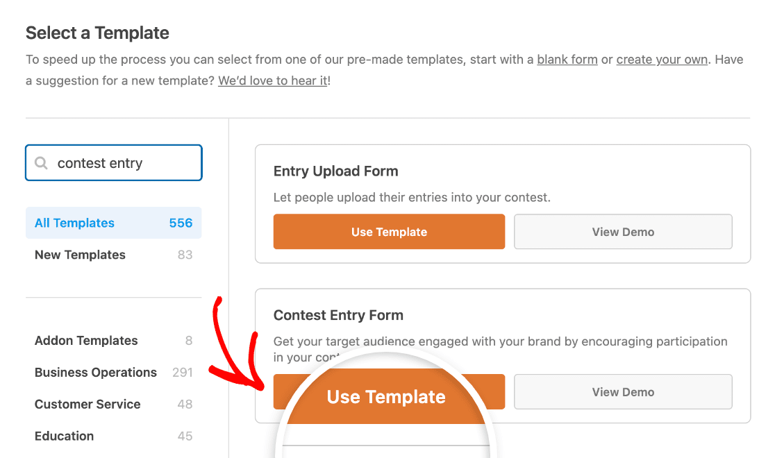 Selecting the Contest Entry Form template