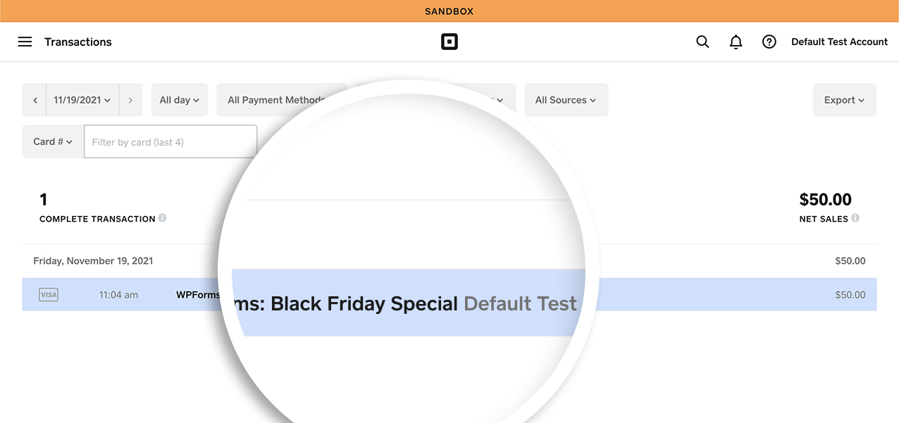 default transaction view of Square single payment