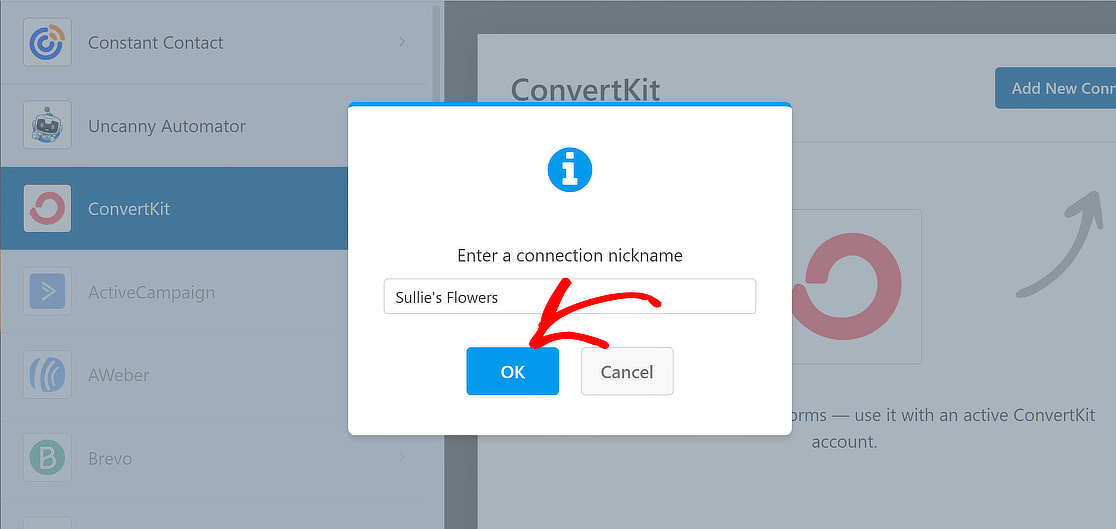 wpforms enter connection name convertkit
