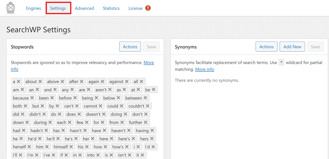SearchWP stopwords and synonyms
