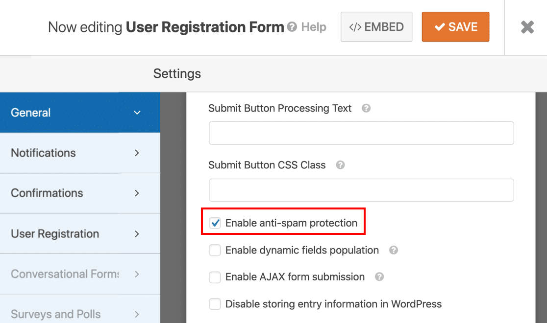 Anti-spam user registration form