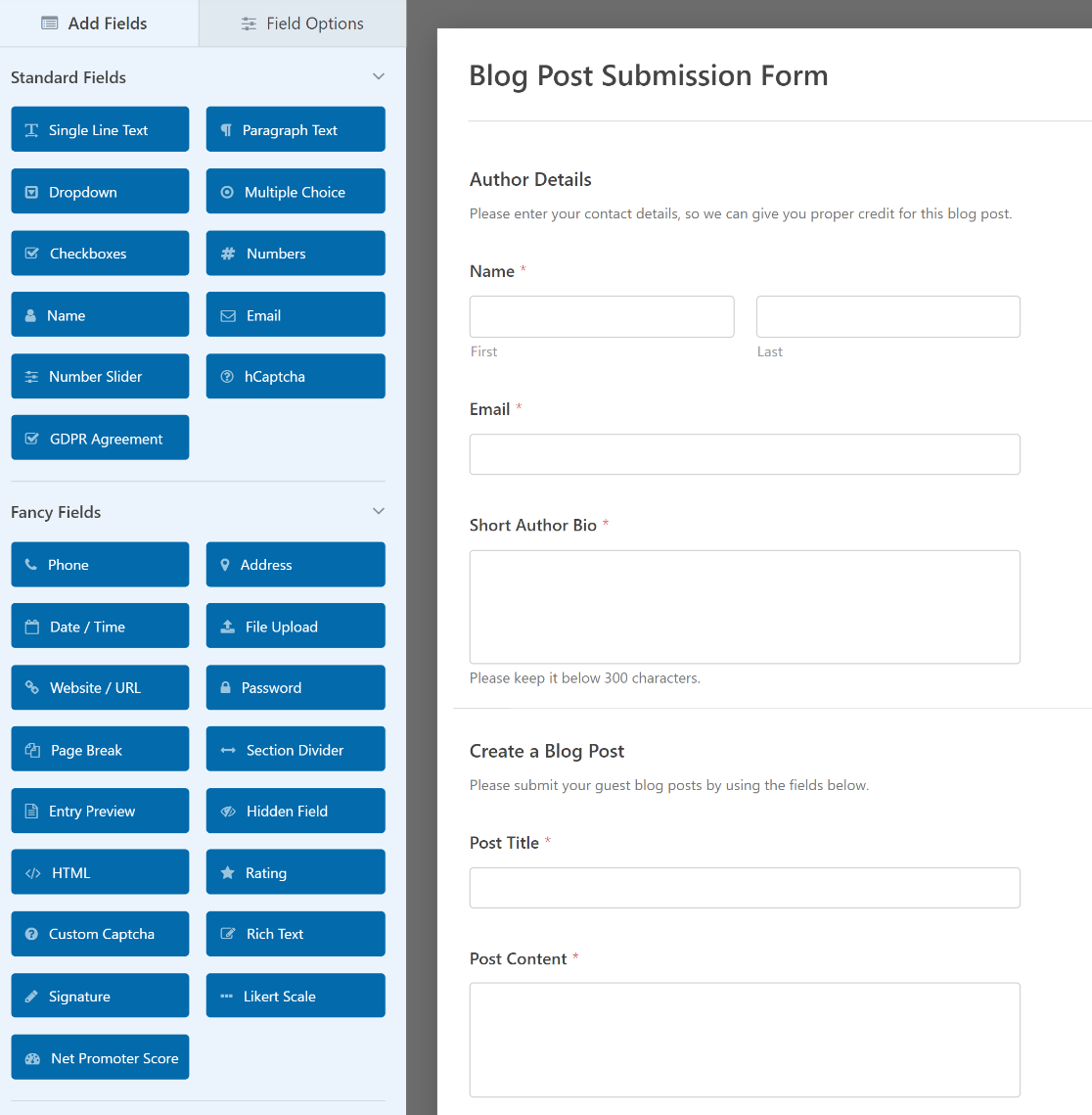 A blog post submission form in the WPForms form builder