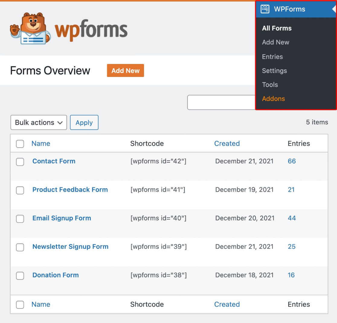 Forms Overview page