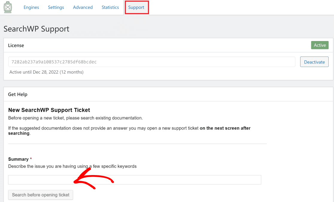 SearchWP support ticket