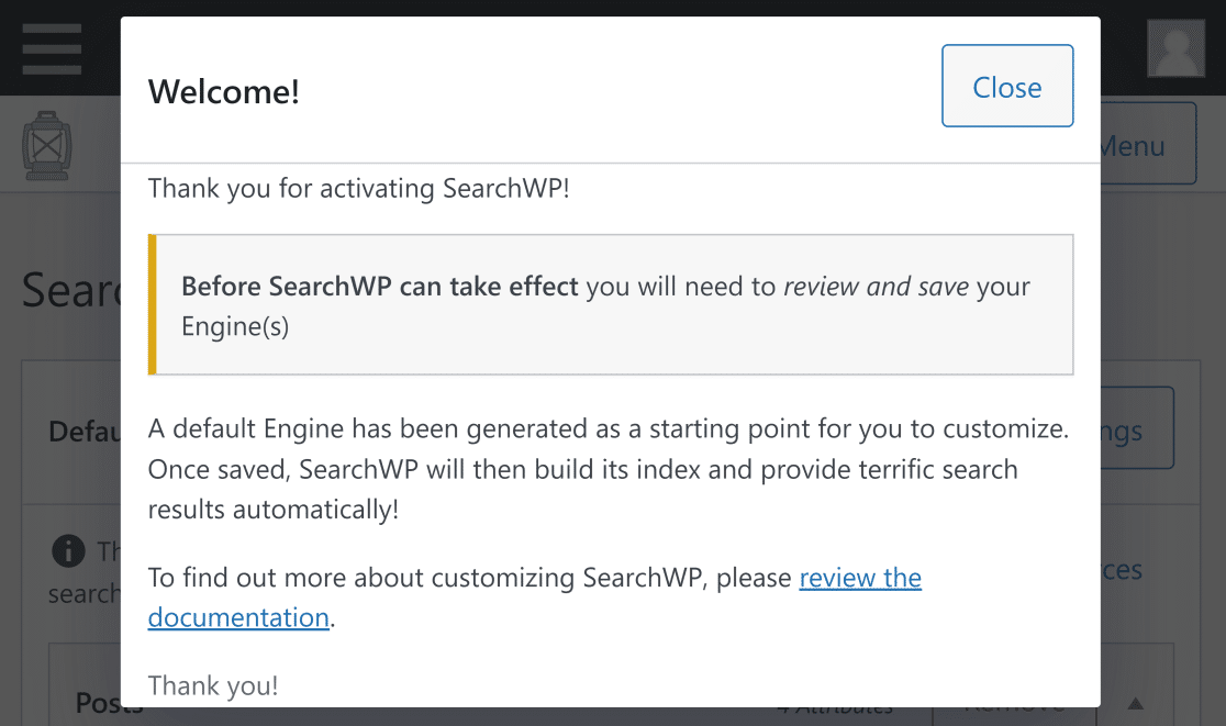 SearchWP welcome message