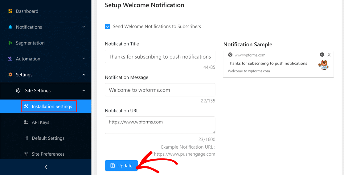 Setup welcome notification