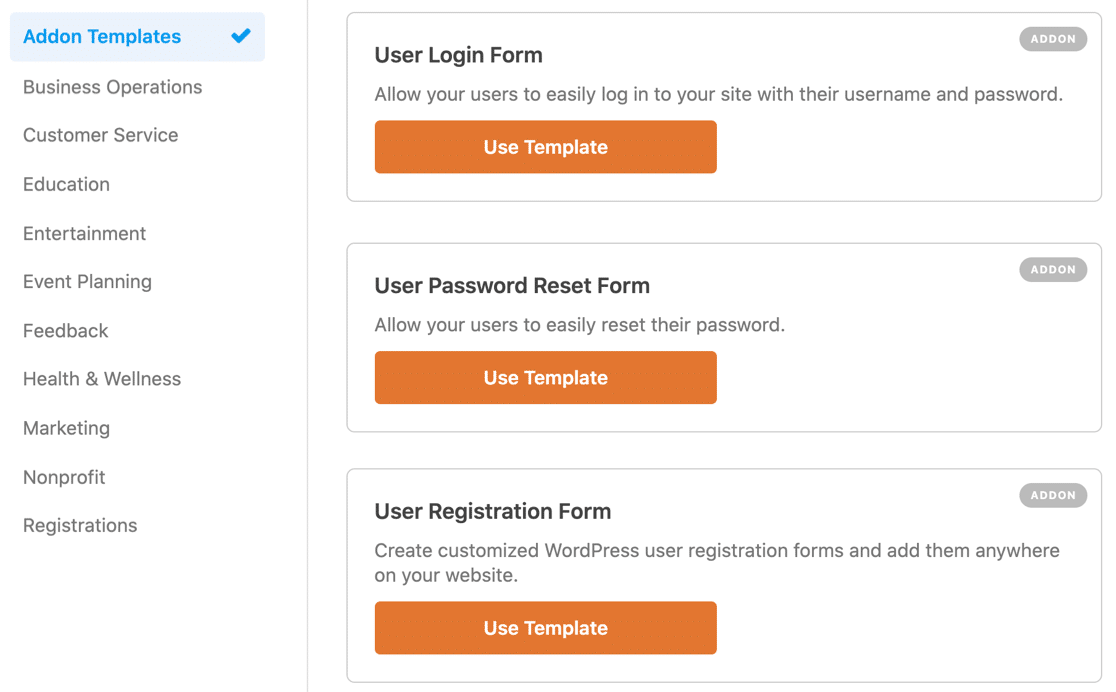 User registration addon form templates