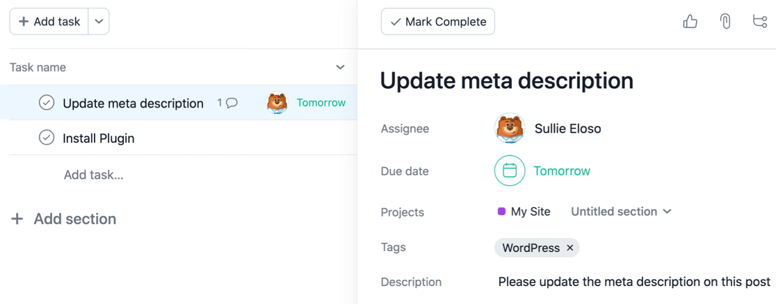 New WordPress task in Asana