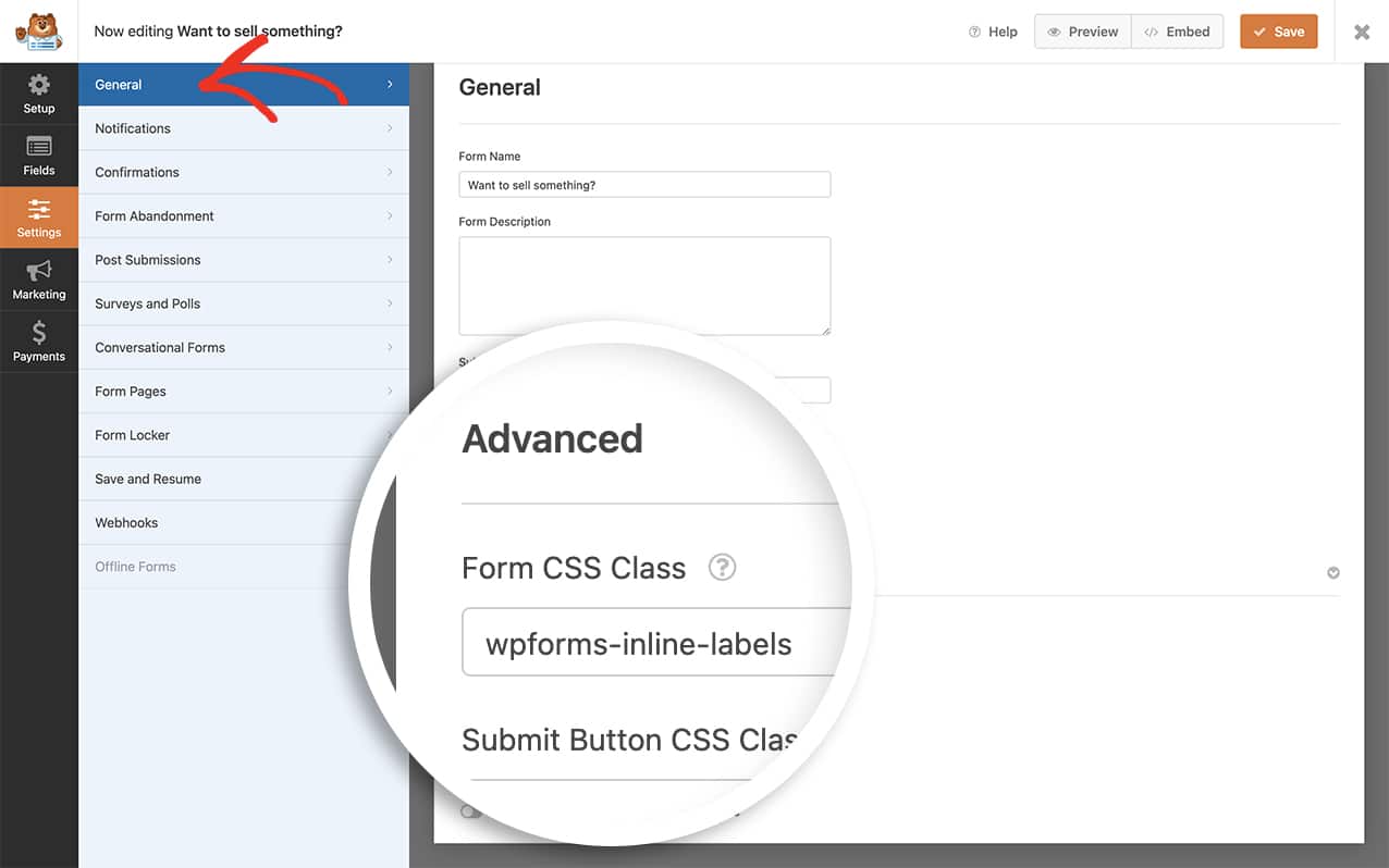 after creating your form, on the Advanced tab of the General Settings, add the CSS class name for the form
