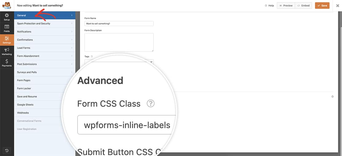 after creating your form, on the Advanced tab of the General Settings, add the CSS class name for the form