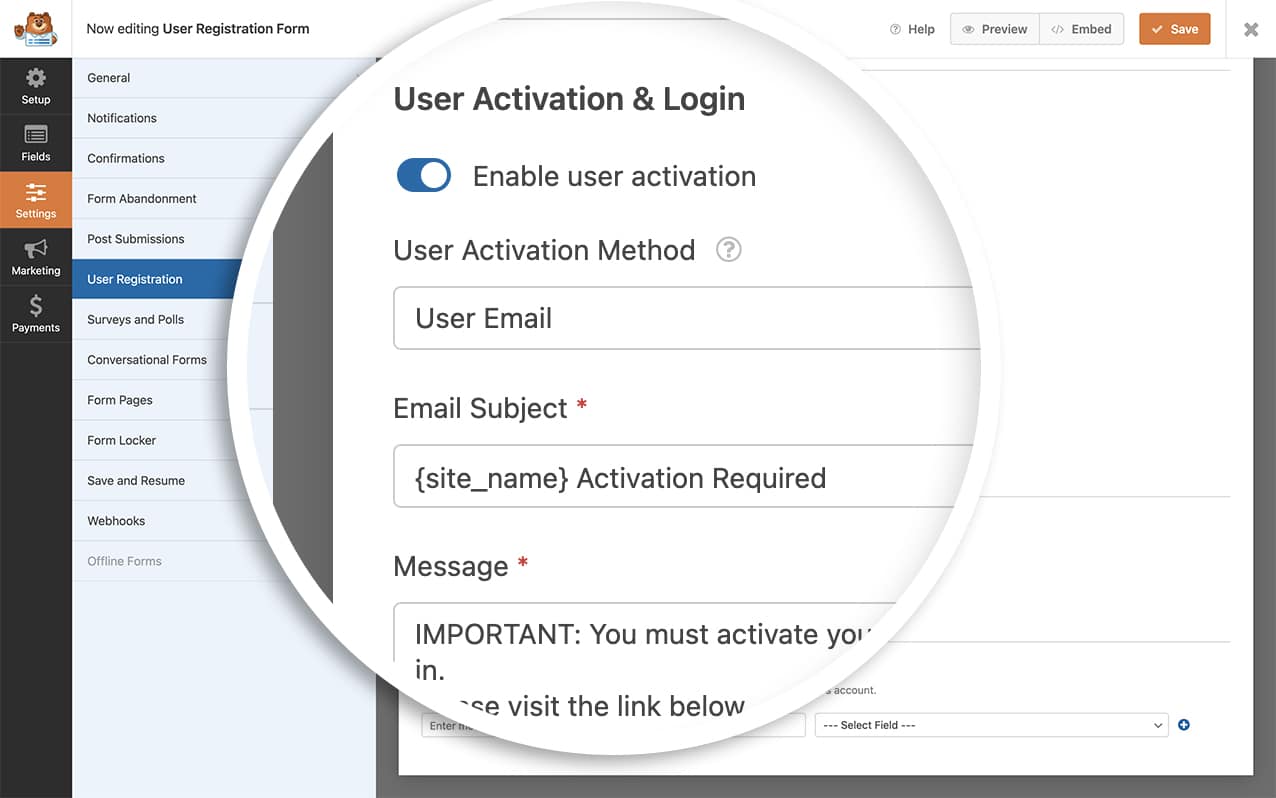 enable the user activation setting from the User Registration tab of the form settings.