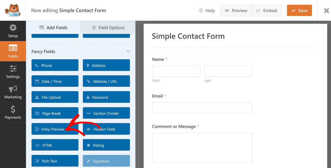 Simple contact form preview