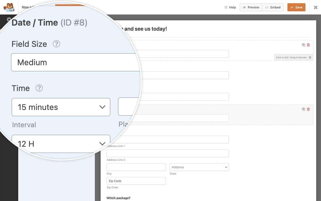 create your form and add your time field. you will need to set the interval level as well