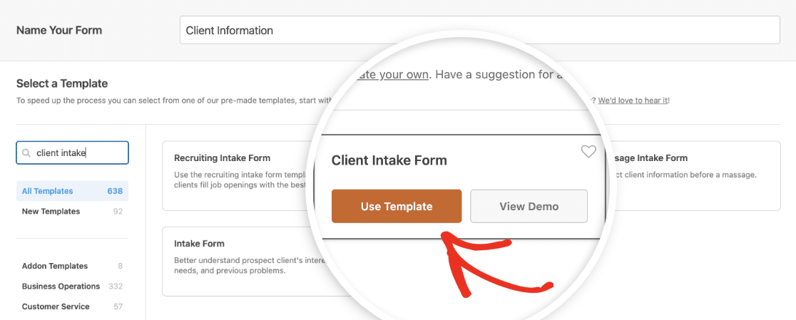 Selecting the Client Intake Form template
