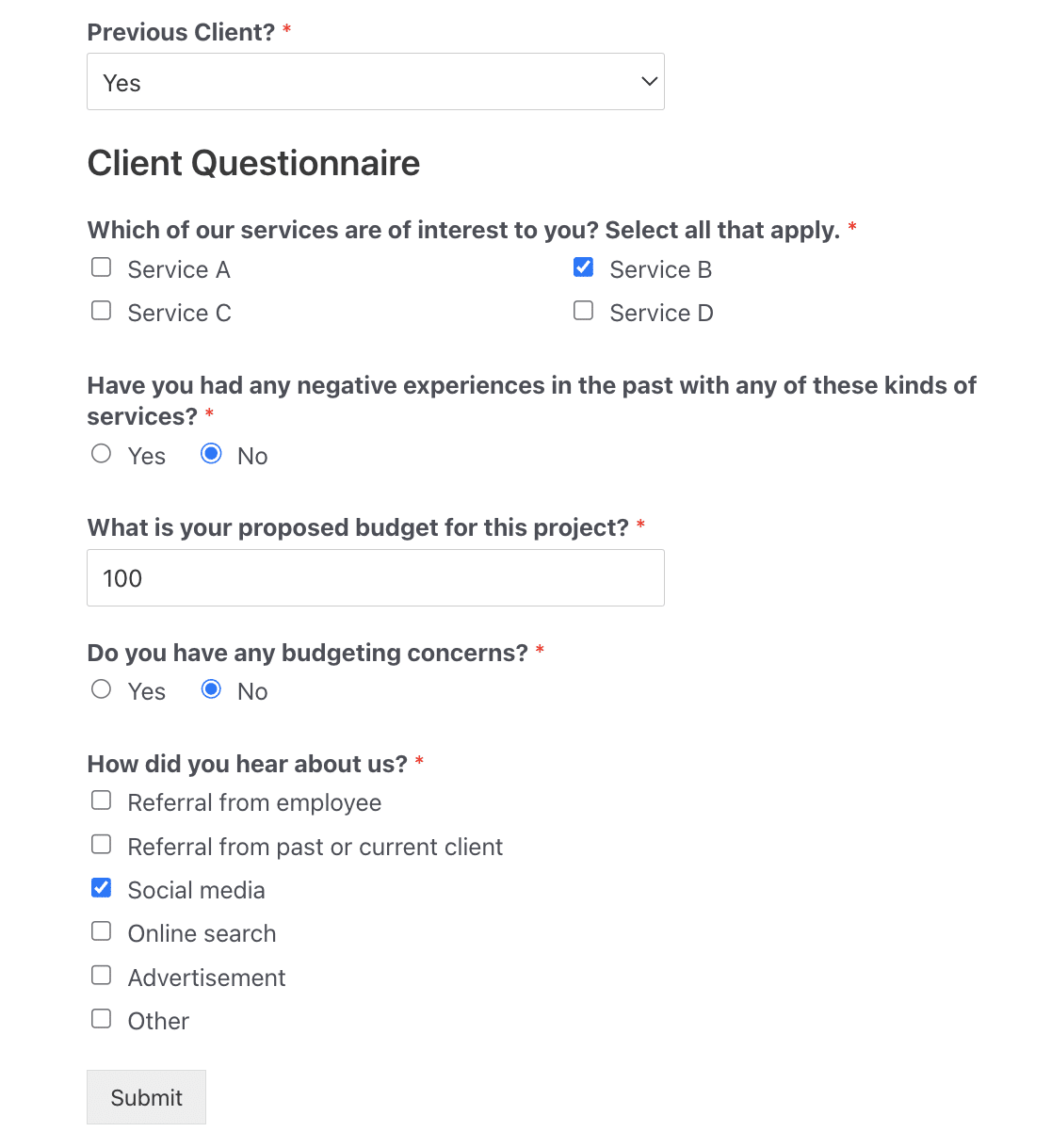 Submitting a test entry to a Client Intake form