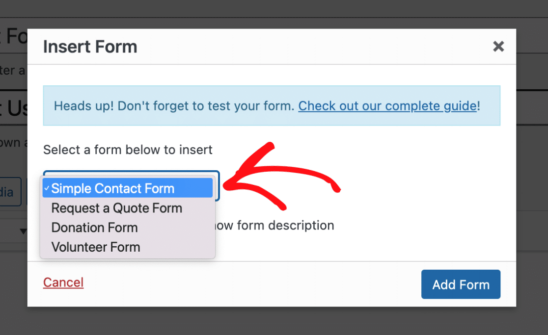 Select form from dropdown