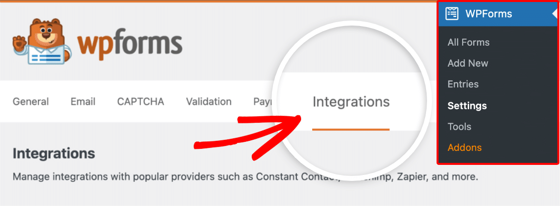 WPForms integrations tab