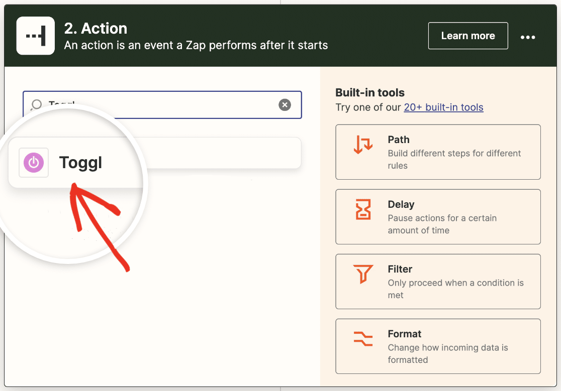 Choosing Toggl as the action app in Zapier
