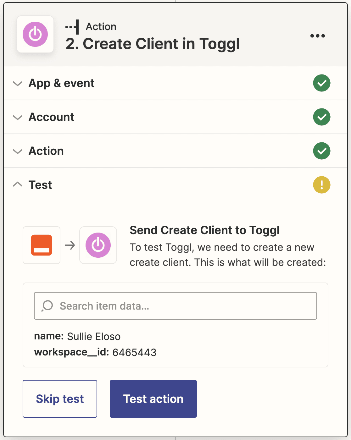 Testing your Toggl action in Zapier