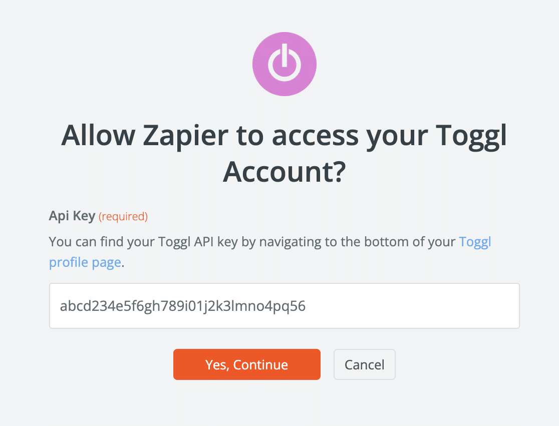 Adding your Toggl API token in Zapier