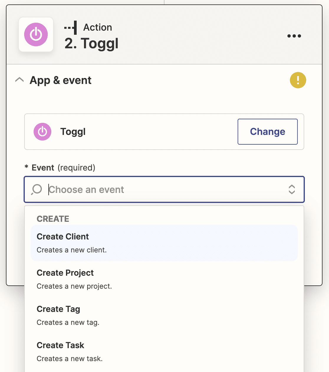 Choosing to create a new client in Toggl via Zapier