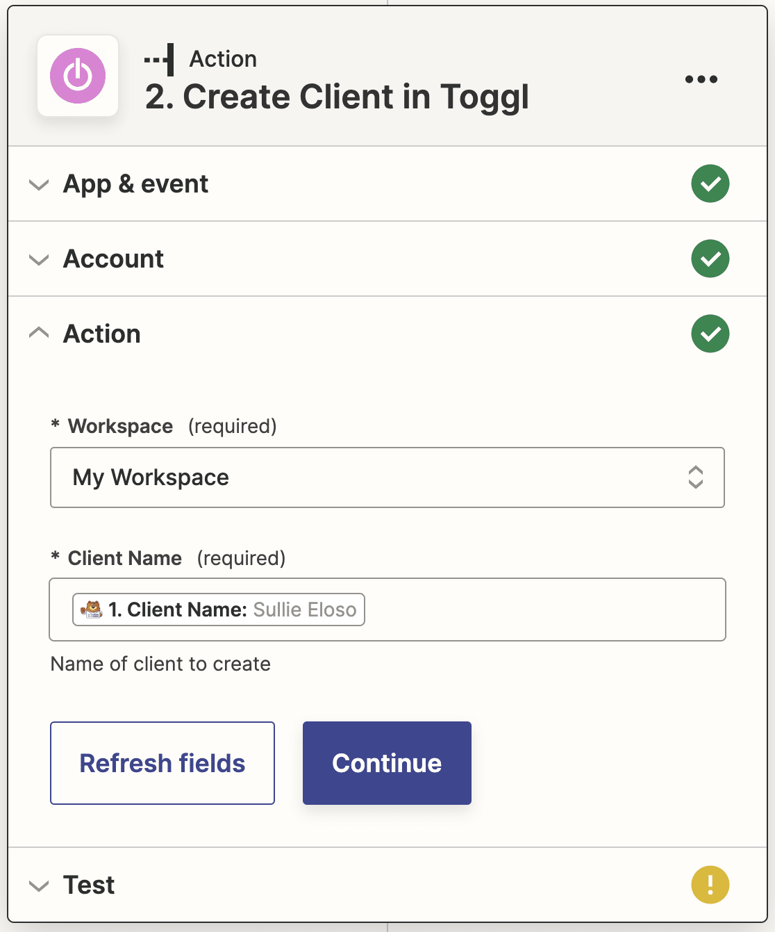 Setting up a new client template for Toggl in Zapier