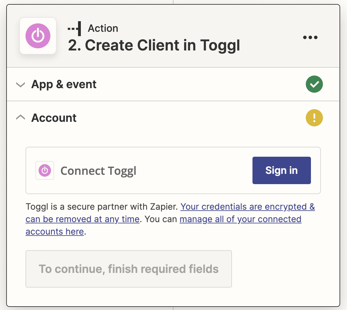 Signing in to Toggle via Zapier