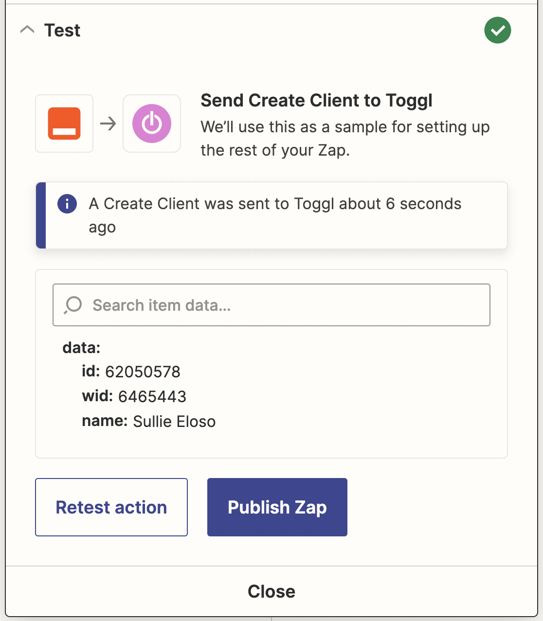 A success message for a Toggl action test in Zapier