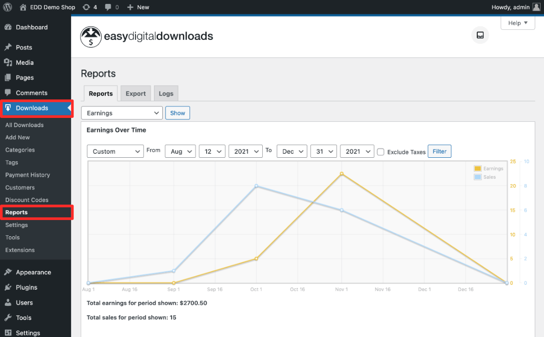 Easy Digital Downloads earning reports