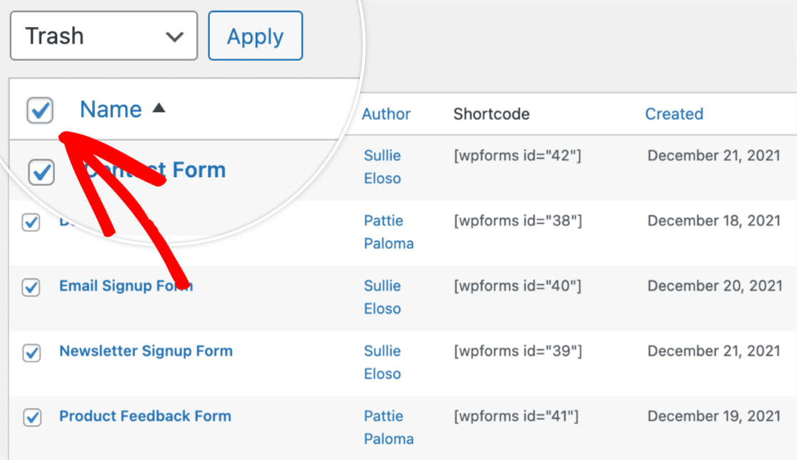 Select all forms checkbox