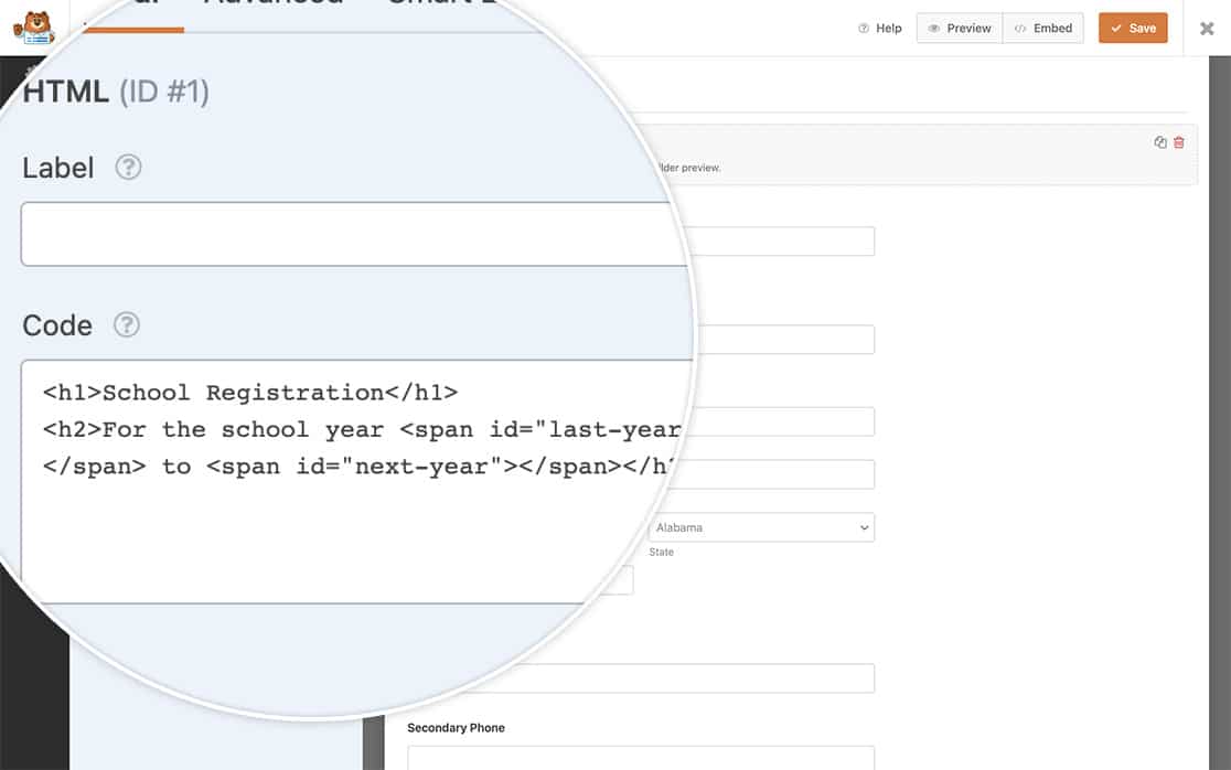 add the HTML code to your form so it will dynamically display the years for your school year