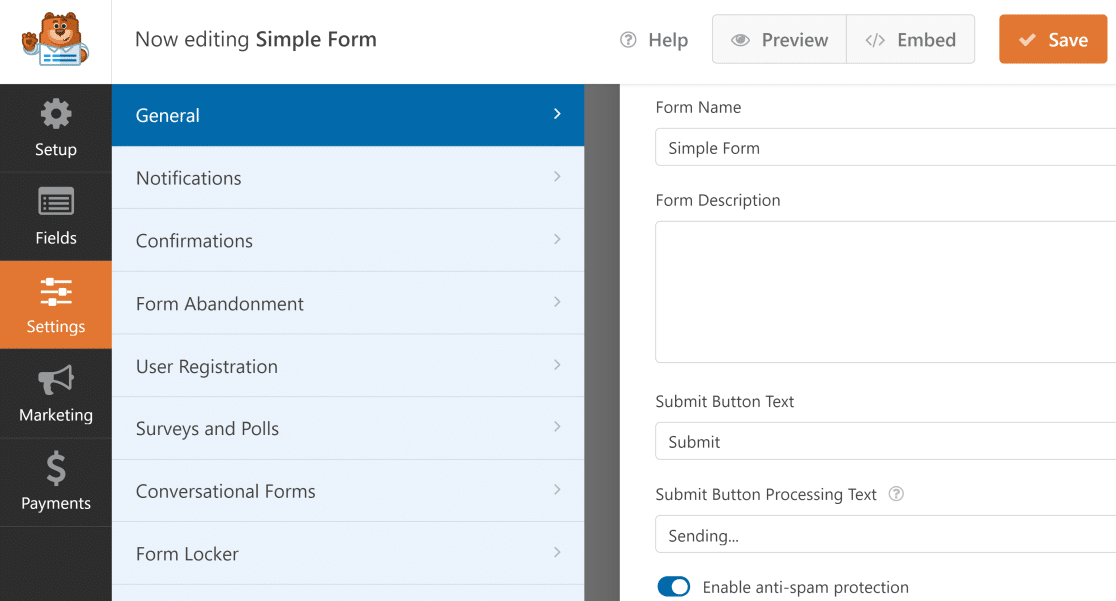 WPForms settings